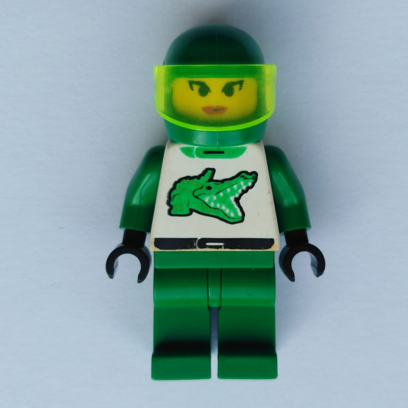 Lego Racer, Woman, Green and White Outfit with Crocodile, Green Helmet with Visor