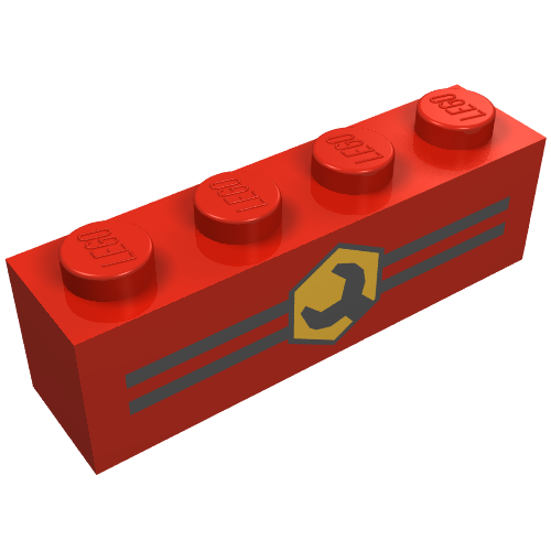 Lego Brick 1 x 4 with Bottom Tubes, Lowered Center Cross Support with Stripes and Wrench Print / Red