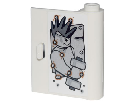 Lego Door 1 x 3 x 3 Right - Open Between Top and Bottom Hinge with Minifigure with Mohawk Holding Dumbbell and Metal Rivets Pattern (Sticker) - Set 70840