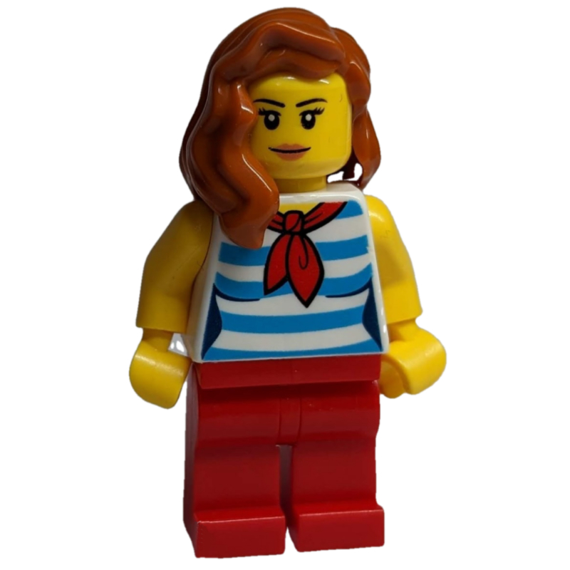 Lego Woman, White and Dark Azure Striped Tank Top with Red Neckerchief, Red Legs, Dark Orange Hair