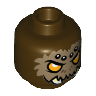 Lego Minifig Head Sparacon, Spider with Orange Eyes, Dark Tan Fur, Black and White Spots and Fangs Print [Hollow Stud] / Dark Brown