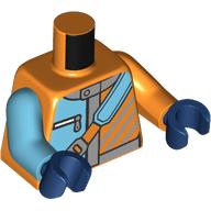 Lego Torso, Medium Azure/Orange Jacket, Silver Trim, Zipper, Strap print, Left Medium Azure Arm, Right Orange Arm, Dark Blue Hands / Orange