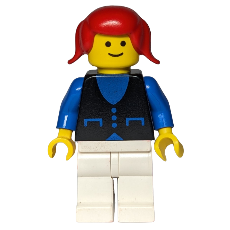 Lego Woman, Black Vest over Blue Top, White Legs, Red Hair