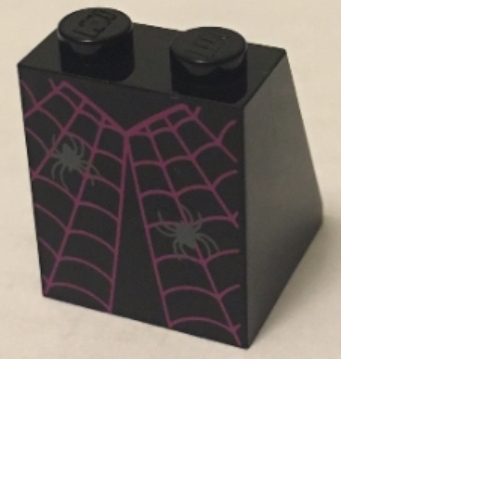 Lego Brick Sloped 65° 2 x 2 x 2 with Bottom Tube and Dress with Magenta Spider Web and 2 Dark Bluish Gray Spiders Pattern / Black