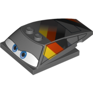 Lego Brick Wedged, Curved 6 x 4 x 1 1/3 with 4 x 4 Base with Blue Eyes, Windows and Black, Red and Yellow Print (Max Schnell) / Dark Bluish Gray
