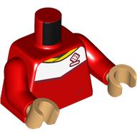 Lego Torso Soccer Shirt, White Top, Yellow Collar, Dice Logo / 'Kerr' print, Red Arms, Warm Tan Hands / Red