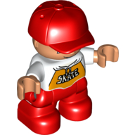 Lego Duplo Figure Child with Cap Red, with White Shirt with 'SKATE' print - Red Legs / White