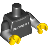 Lego Torso, Dual Molded Arms, Shirt with Light Bluish Gray Collar and 'PLAYER 1' Print, Black Sleeves Pattern, Light Bluish Gray Arms, Yellow Hands / Black