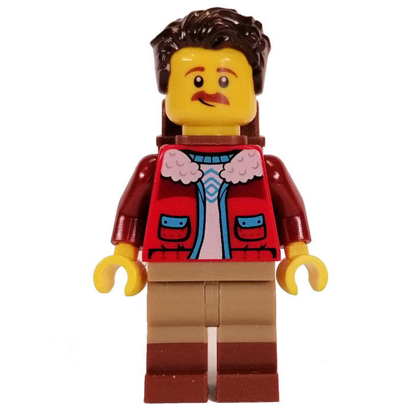 Lego Red Torso, Dark Tan/Reddish Brown Legs, Dark Brown Hair, Backpack