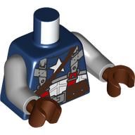 Lego Torso, Captain America Suit, White Stars, Light Bluish Grey/Red Straps, Dark Brown Belt print, Light Bluish Gray Arms, Reddish Brown Hands / Dark Blue