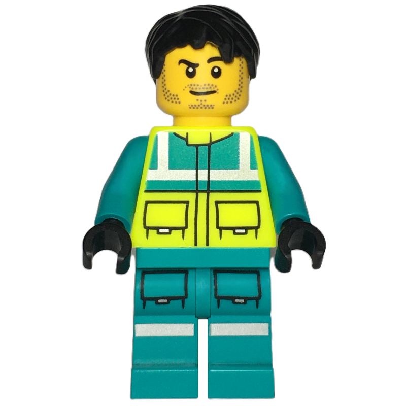 Lego Paramedic, Vibrant Yellow Safety Vest, Dark Turquoise Legs, Black Hair