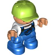Lego Duplo Figure Child with Cap Lime, with White Shirt under Blue Coveralls with worms in Pocket - Blue Legs / White