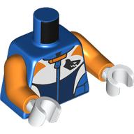 Lego Torso, Wet Suit, White/Dark Blue/Orange Panels, Black Shark print, Orange Arms, White Hands / Blue