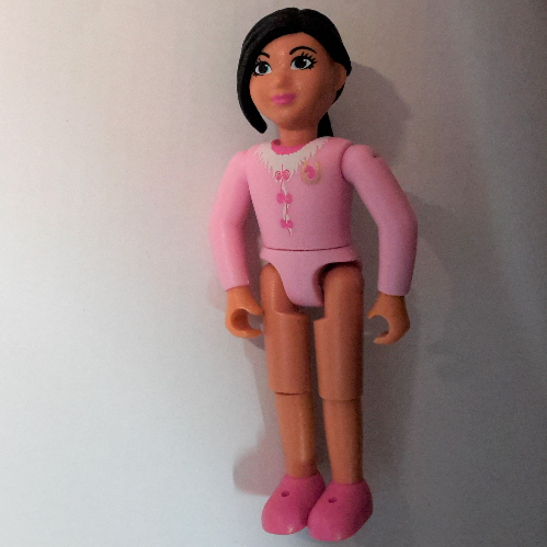 Lego Belville Figure Fixed Elbows, Child, Female, Black Hair, Bright Pink Top, Gold Horseshoe Brooch, Dark Pink Shoes / [No Color/Any Color]