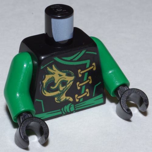 Lego Torso Robe with Gold Clasps, Dragon, Green Sash and Asian Character and Wings on Back Print, Green Arms, Black Hands / Black