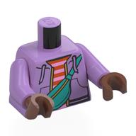 Lego Torso, Jacket, Laces, Dark Turquoise Pack on Strap, Dark Red/Bright Pink Striped Shirt print, Medium Lavender Arms, Medium Brown Hands / Medium Lavender