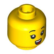 Lego Minifig Head, Black Eyes, Eyelashes, Open Mouth Smile, Dark Turquoise Hearing Aid / Yellow