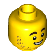 Lego Minifig Head Harl Hubbs, Dark Brown Stubble Beard, Raised Eyebrows, Smile with Teeth / Tongue Sticking Out / Yellow