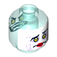 Lego Minifig Head Jestro, Dual Sided, Yellow Eyes, Lightning, Teeth with Fangs, Evil Smile / White Face, Sunken Eyes, Red Lips, Confused Print [Hollow Stud] / Trans-Light Blue
