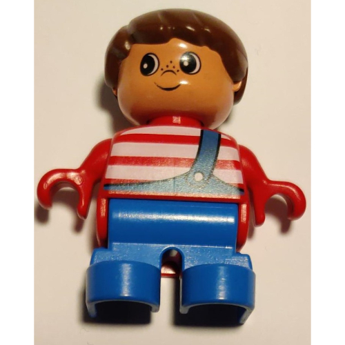 Lego Duplo Figure, Early Child, Hair Swept Left Brown, Blue Legs, White Stripes and Blue Overalls with One Strap Print / Red