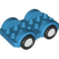 Lego Duplo Car Base 2 x 6 - 4 White Wheels with Black Tires on 4 Fixed Axles / Dark Azure