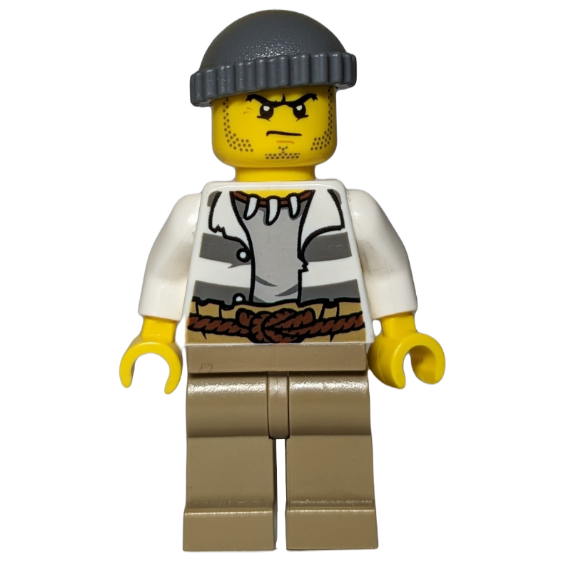 Lego Criminal, Open Prison Shirt, Dark Tan Legs, Dark Bluish Gray Hat