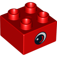 Lego Duplo Brick 2 x 2 with Eye with White Spot and Varied Color Curve inside a Black Circle Print on Both Sides / Red