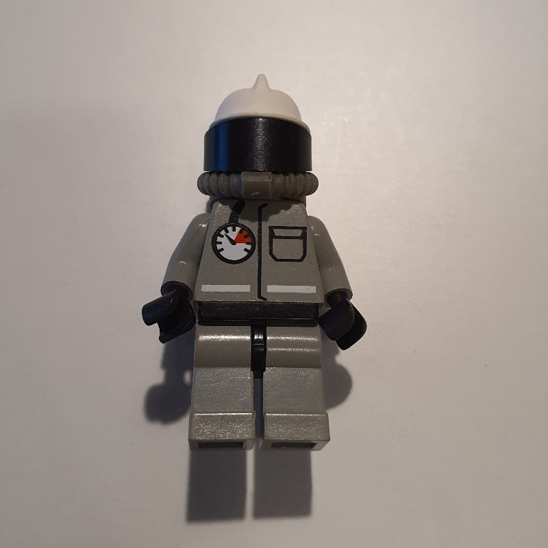 Lego Fireman, Light Gray Fire Suit with Gauge and Pocket, White Helmet with Visor, Breathing Apparatus, Airtanks, Moustache