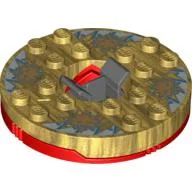 Turntable 6 x 6 Round Red Base with Pearl Gold Top with Gold Faces on White and Blue Print (Ninjago Spinner) / Pearl Gold