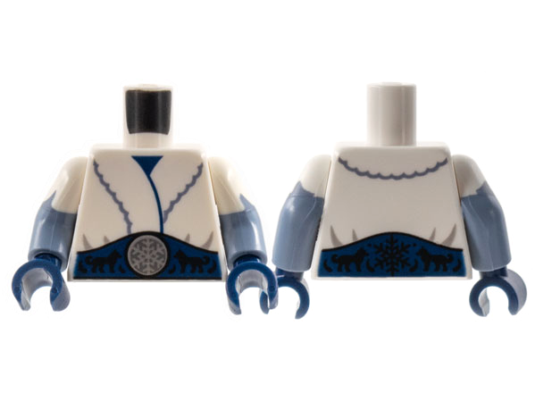 Lego Torso Fur Coat, Dark Blue Sash, Silver Snowflake, Black Dogs Pattern / Sand Blue Arms with White Short Sleeves Jagged Edge Pattern / Dark Blue Hands