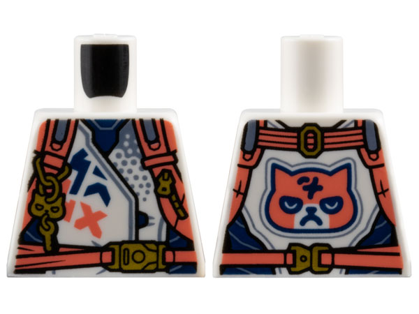 Lego Torso Racing Jacket with Dark Blue Panels, Coral Harness Straps with Gold Buckles, Zipper, and Key on Key Chain, Grumpy Cat Face on Back Pattern