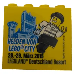 Brick 2 x 4 x 3 with 'Helden von Lego City 28.-29. Marz 2015 Legoland Deutschland Resort' Print / Yellow
