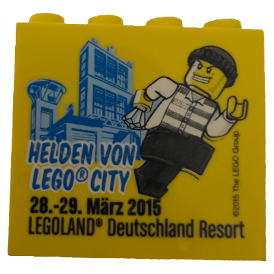 Lego Brick 2 x 4 x 3 with 'Helden von Lego City 28.-29. Marz 2015 Legoland Deutschland Resort' Print / Yellow