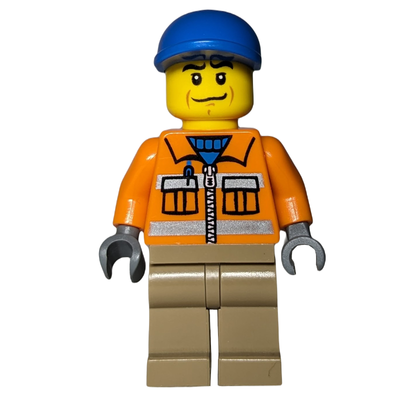 Lego Construction Worker, Orange Jacket with Zipper and Reflective Stripes, Dark Tan Legs, Blue Cap