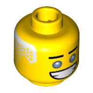 Lego Minifig Head Zane, Straight Eyebrows, Dark Azure Eyes with Gray Outline, Wide Open Mouth Grin, White Hair on Sides and Back Print [Hollow Stud] / Yellow