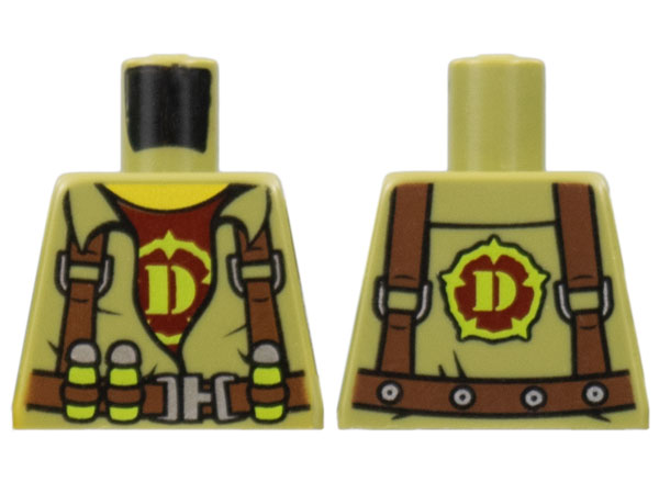 Lego Torso Dino Shirt with Reddish Brown Harness, Silver Buckle, and Dark Red Undershirt with Lime Capital Letter D Pattern