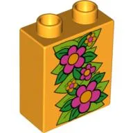 Duplo Brick 1 x 2 x 2 with Large Flowers and Leaves Print (Ivy) / Bright Light Orange