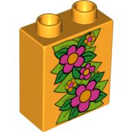 Lego Duplo Brick 1 x 2 x 2 with Large Flowers and Leaves Print (Ivy) / Bright Light Orange