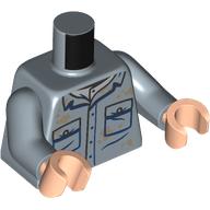 Lego Torso, Shirt, Dark Blue Trim/Pockets, Dirt Stains print, Sand Blue Arms, Light Nougat Hands / Sand Blue