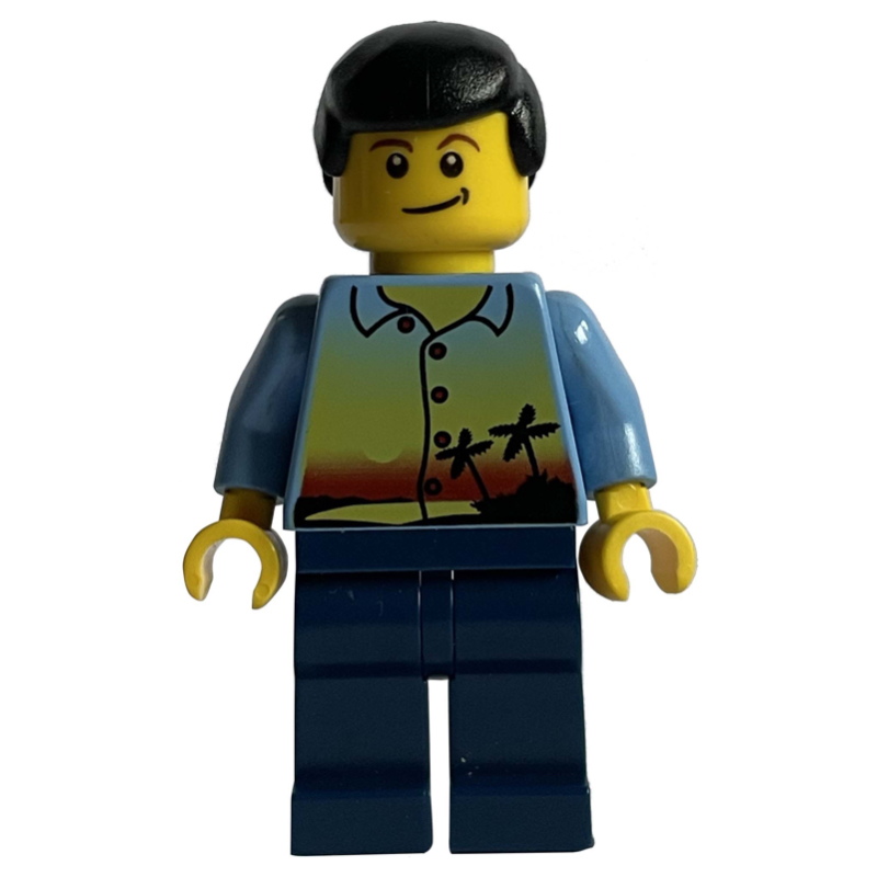 Lego Man, Medium Blue Shirt with Palm Trees and Sunset, Dark Blue Legs, Black Hair