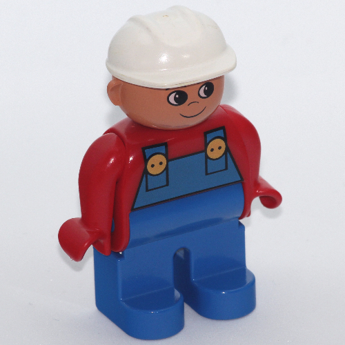 Lego Duplo Figure, Early, Hard Hat White, Blue Legs, with Blue Overalls, Turned Up Nose Print / Red