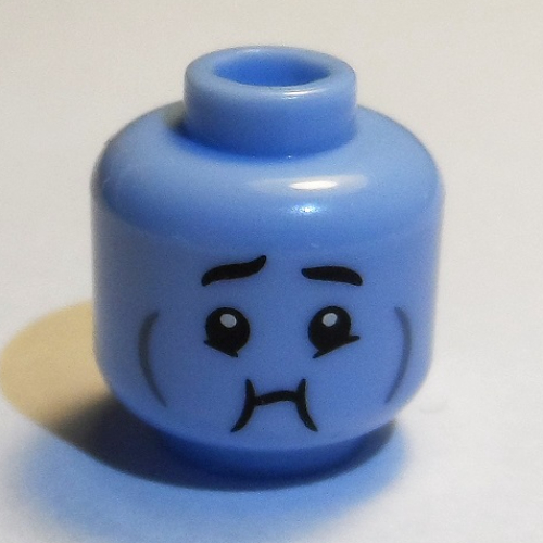 Lego Minifig Head, Smile / Queasy, Cheek Lines print / Bright Light Blue
