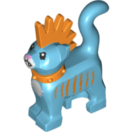 Lego Animal, Cat, Standing with Bright Light Orange Spiky Mohawk and Collar, Bright Light Orange Stripes print / Medium Azure