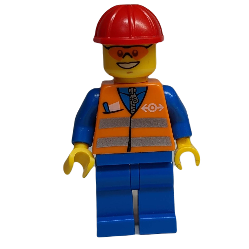 Lego Train Worker - Orange Torso, Blue Legs, Red Helmet
