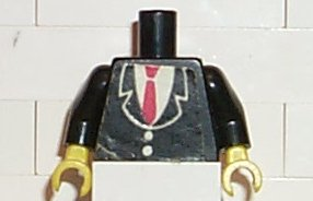 Lego Torso Suit Jacket Closed with Buttons over White Shirt, Red Tie Pattern (Sticker) / Black Arms / Yellow Hands