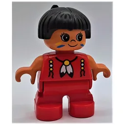 Duplo Figure, Early Child, Hair with Feather Black, Red Legs, White Feathers Print / Red