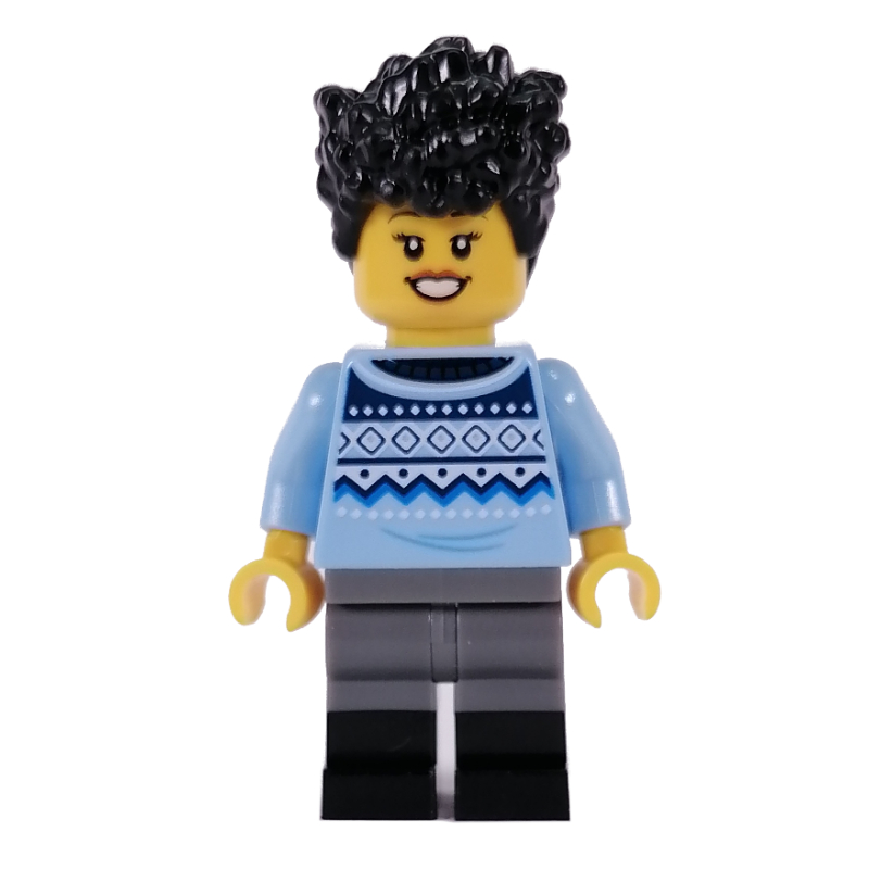 Lego Bright Light Blue Torso, Dark Bluish Grey/Black Legs, Black Hair