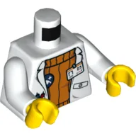 Torso, Lab Coat with Pockets and ID Badge over Orange Sweater / Arctic Explorer Logo Back Print, White Arms, Yellow Hands / White