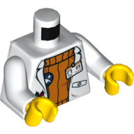 Lego Torso Lab Coat with Pockets and ID Badge over Orange Sweater / Arctic Explorer Logo Back Print, White Arms, Yellow Hands / White