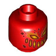Lego Minifig Head Flama, Dark Red, Yellow and Orange Eyes, Wide Mouth, Dark Red Spots, Flames on Back Print [Hollow Stud] / Red